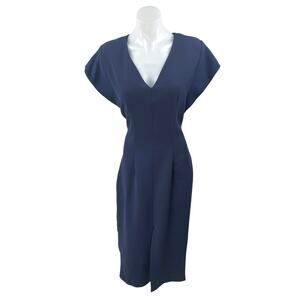 Zara Women's Navy Blue Pleated Short Sleeve V-Neck Midi Pencil Sheath Dress Sz L